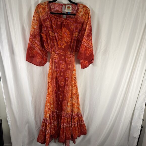 FARM Rio Dresses & Skirts - Farm Rio Anthropologie Dress Women's Medium Orange Red Floral Open Back Tie